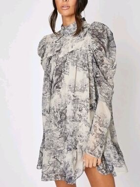 In The Style High-Neck Puff Sleeve Mini Dress in Gray Toile Size 8/M